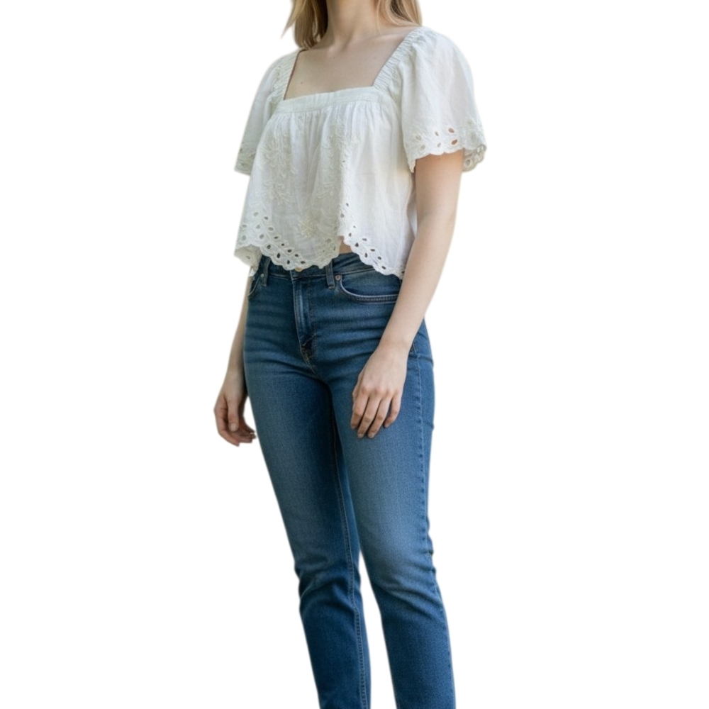 American Eagle Hippie Eyelet Lace Crop Top Square Neck Tie Back Blouse Sz XS